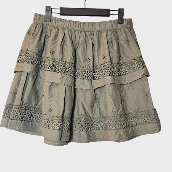 Lucky Brand Olive Green Layered Mini Skirt sz Medium NWT Goblincore Embroidered - Picture 2 of 8